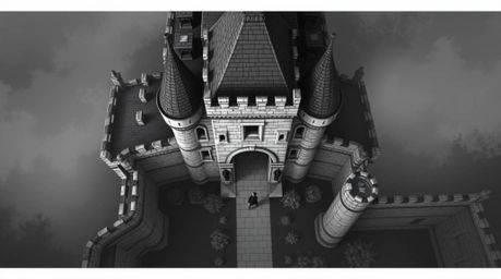 A captivating black and white, bird's-eye view image showcasing a thief subtly infiltrating a heavily guarded castle. The com