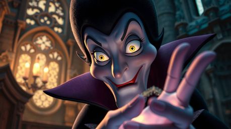 A captivating close-up reveals a classic Disney villain with soft features and glowing eyes, casting a mesmerizing spell with