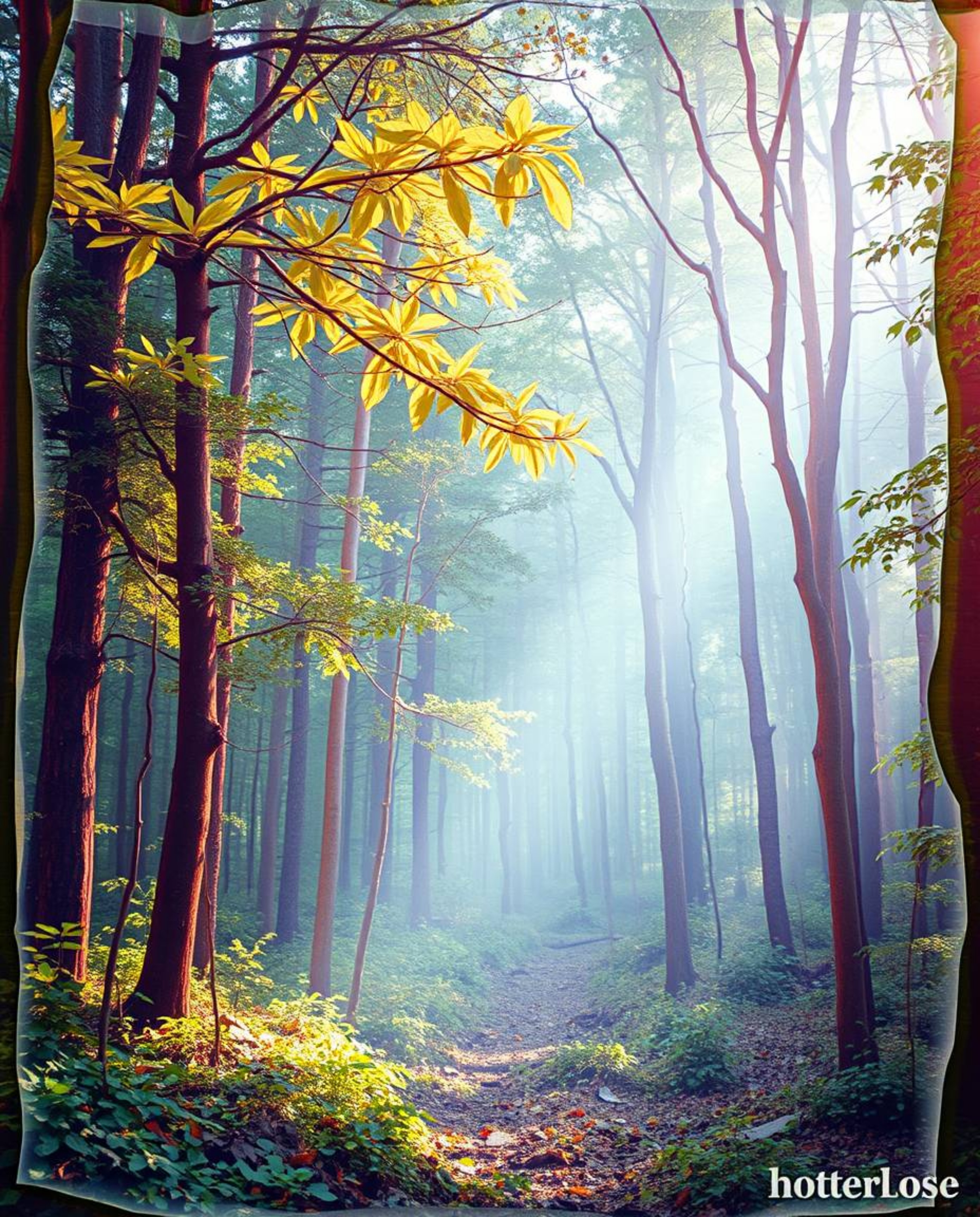 A captivating digital artwork features a layered papier-mâché style glitch effect applied to a serene forest scene.  The surr