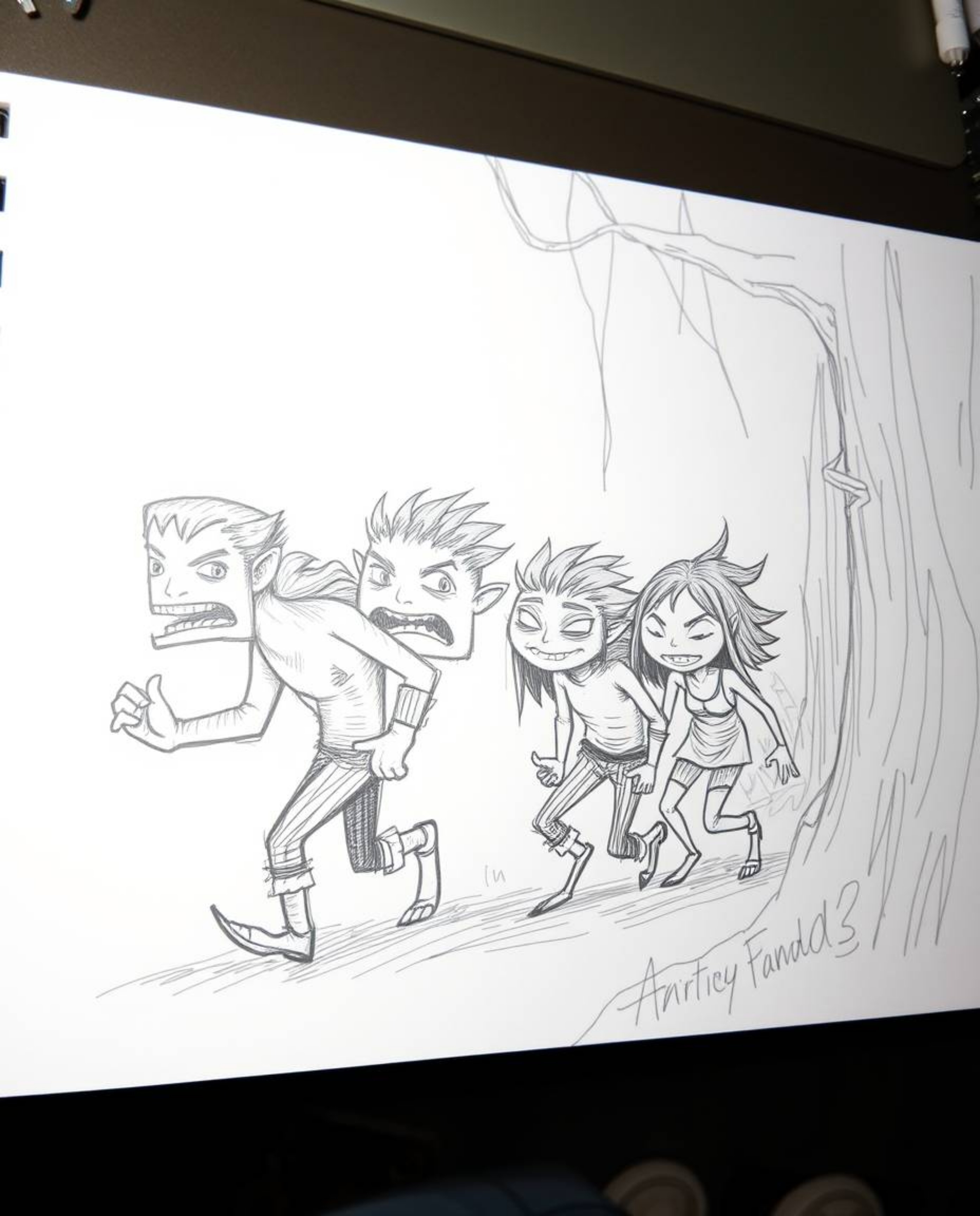 A captivating hand-drawn sketch depicts a group of friends with exaggerated features, hinting at unique abilities, as they na