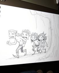 A captivating hand-drawn sketch depicts a group of friends with exaggerated features, hinting at unique abilities, as they na