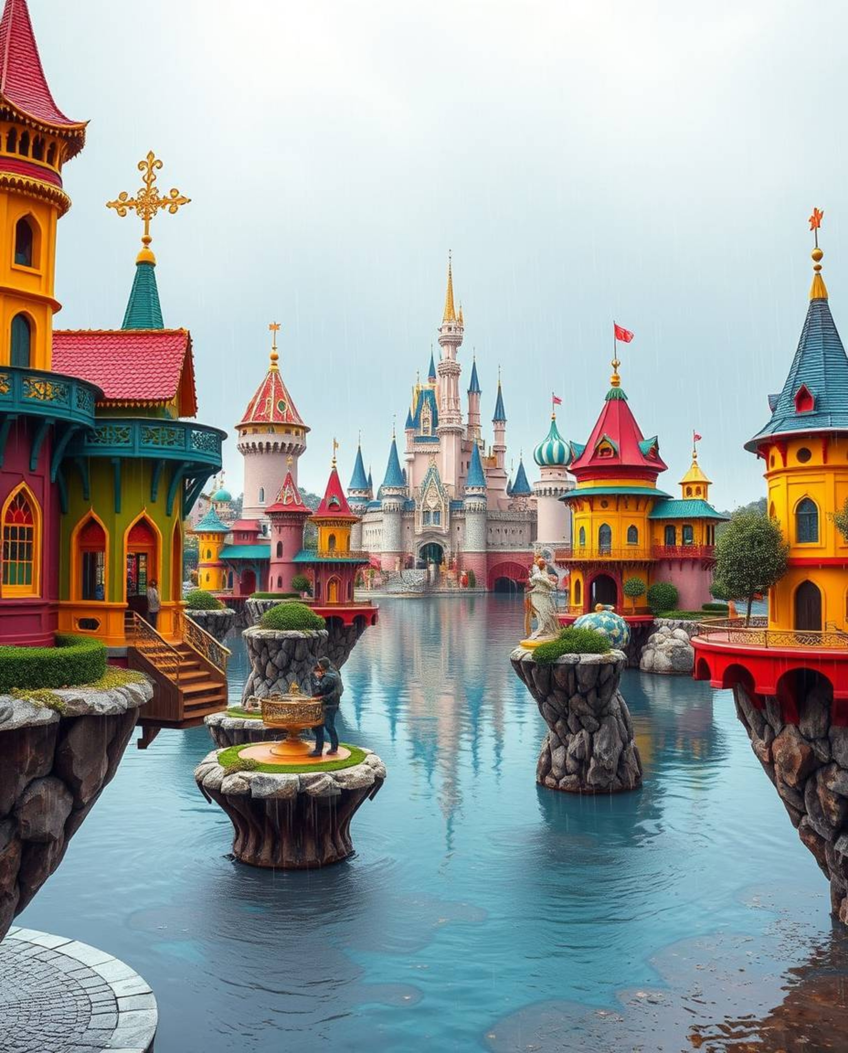 A precise architectural color photograph showcases a vibrant and fantastical kingdom complete with floating islands and majes