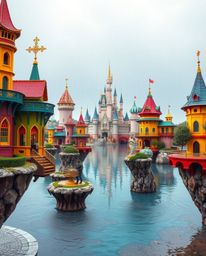 A precise architectural color photograph showcases a vibrant and fantastical kingdom complete with floating islands and majes