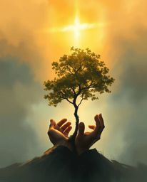 A captivating digital sketch depicting hands planting a tree under a breathtaking golden sky.  The artwork features an ethere