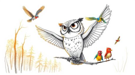 A heartwarming hand-drawn sketch in the style of Pixar, depicting a wise blind owl with expressive eyes and wrinkled features
