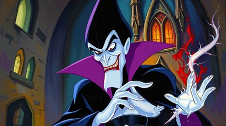 A classic Disney villain, with sharp features and pale skin, is captured in a dynamic acrylic painting.  The scene depicts th