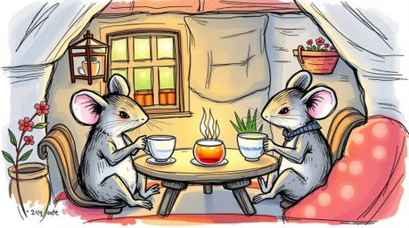 A delightful hand-drawn sketchnote capturing the whimsical scene of anthropomorphic mice enjoying a peaceful tea party within
