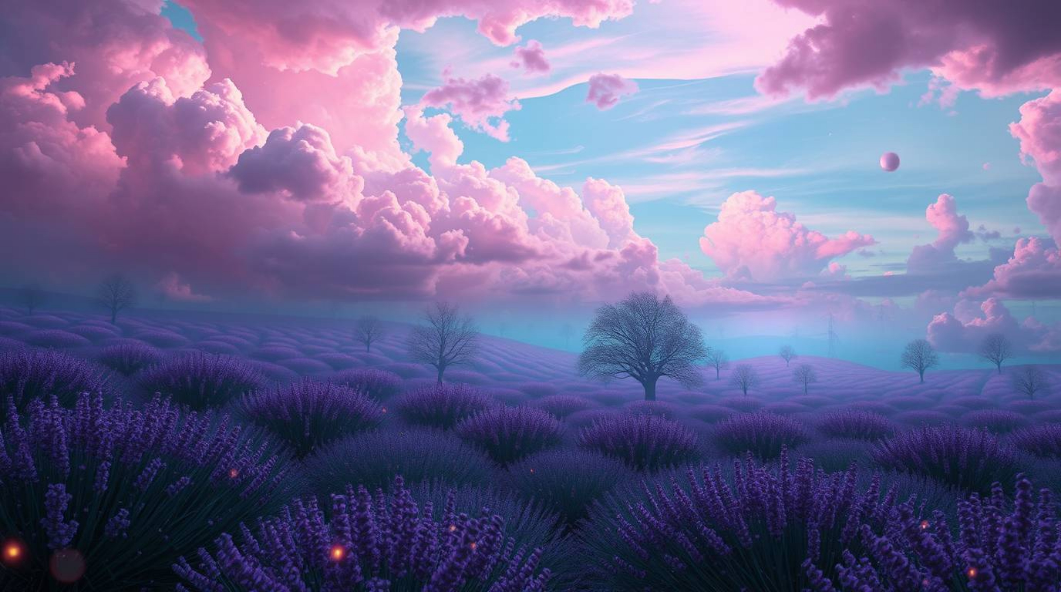 Immerse yourself in a surreal digital painting featuring dreamlike imagery and fantastical elements. Imagine lavender fields 