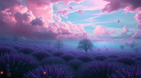 Immerse yourself in a surreal digital painting featuring dreamlike imagery and fantastical elements. Imagine lavender fields 