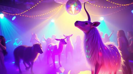 Experience an ethereal animal dance party bathed in disco lights.  Gentle color contrasts create a dreamlike atmosphere with 