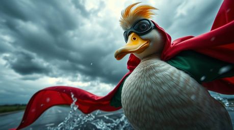 This artwork depicts a duck in a zany superhero costume, captured from a high-angle perspective amidst intensely dramatic wea