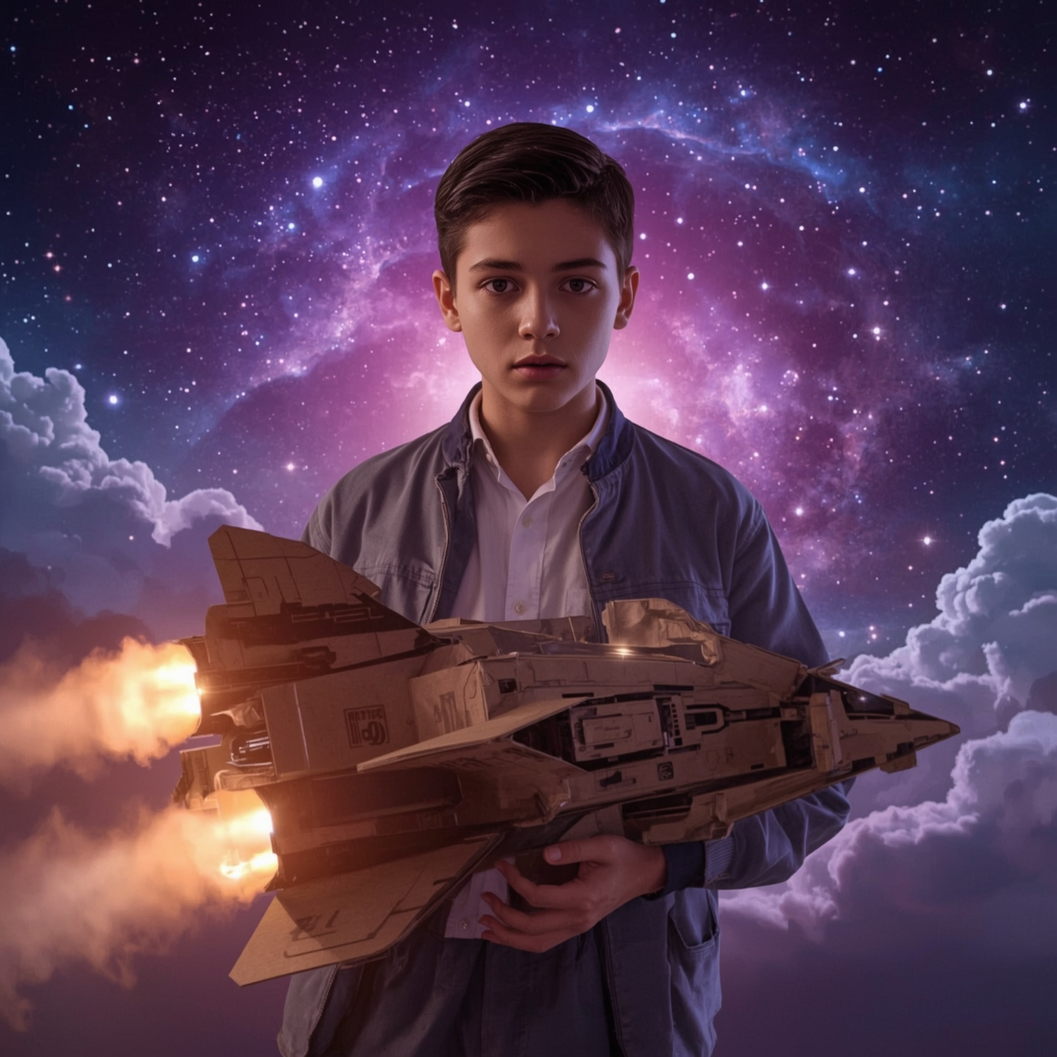 Stunning high-fashion photography captures a young boy with smooth skin building an intricately designed, functional cardboar