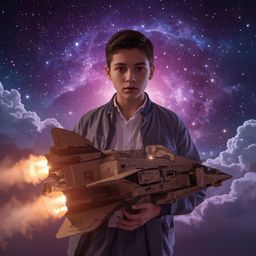 Stunning high-fashion photography captures a young boy with smooth skin building an intricately designed, functional cardboar