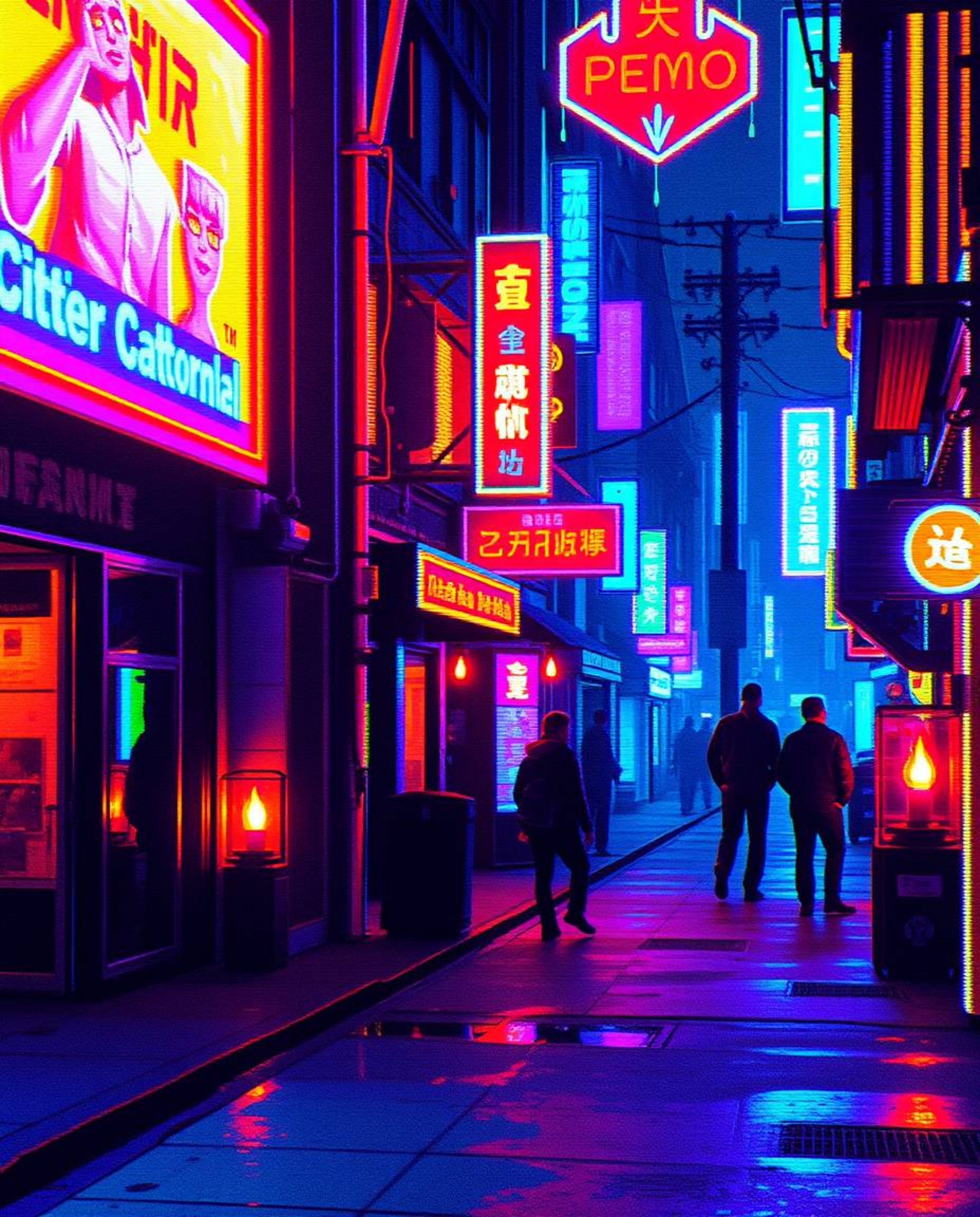 Immerse yourself in a pixelated glitch of a cyberpunk street, bathed in neon haze. Cool colors dominate, accented by the warm