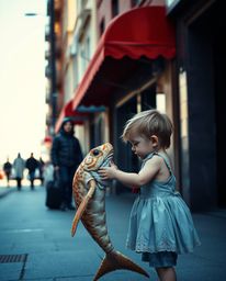 A candid and elegant street photograph captures a spontaneous interaction between a sea creature and a child in an urban envi