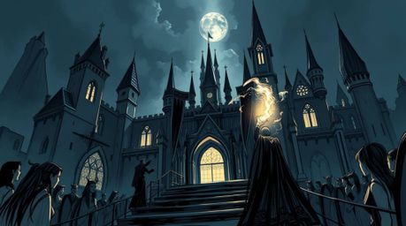 A captivating hand-drawn sketch depicting a classic Disney villain casting a spell within an ancient castle. The scene boast