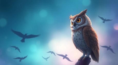 A heartwarming Pixar-style illustration depicts a blind owl, rendered with meticulous detail and soft shadowing, observing bi