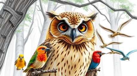 A charming hand-drawn sketch in the style of Pixar depicts a serene blind owl with warm brown feathers guiding a flock of bri