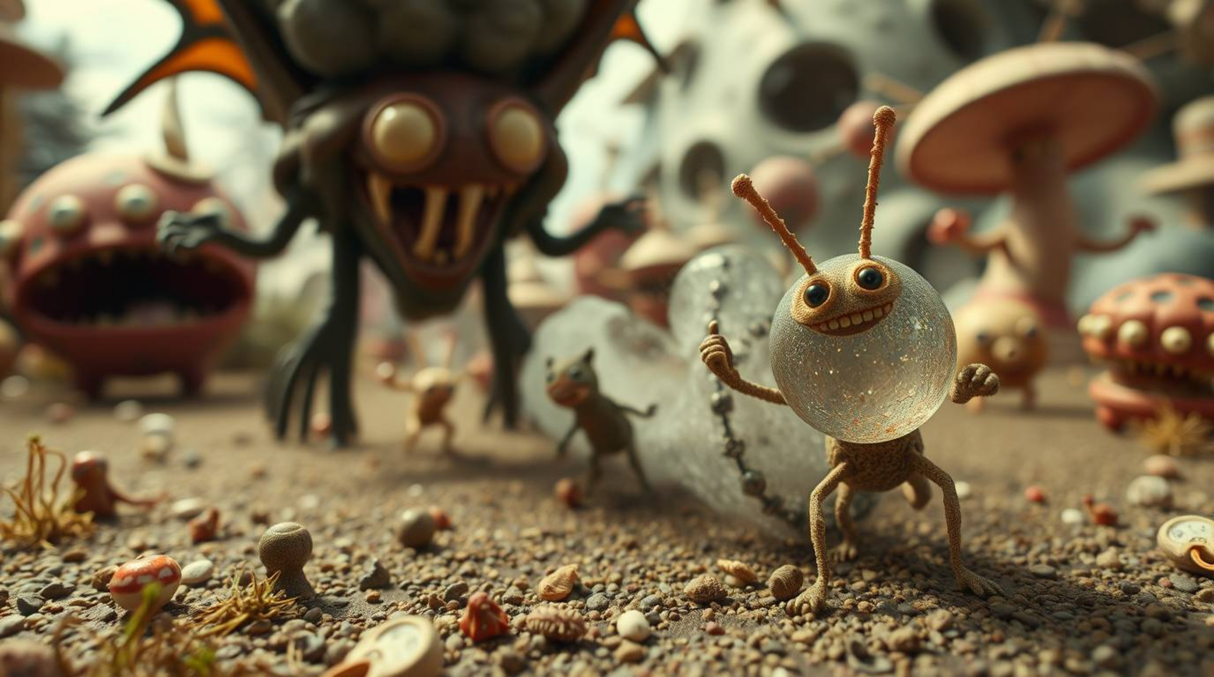 Experience an extraordinary surreal chase in extreme macro close-up, where exaggerated squash and stretch amplify the drama, 