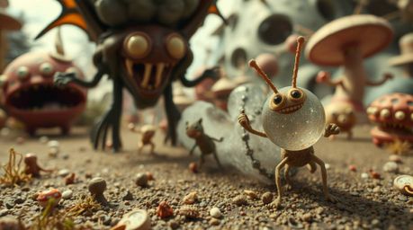 Experience an extraordinary surreal chase in extreme macro close-up, where exaggerated squash and stretch amplify the drama, 