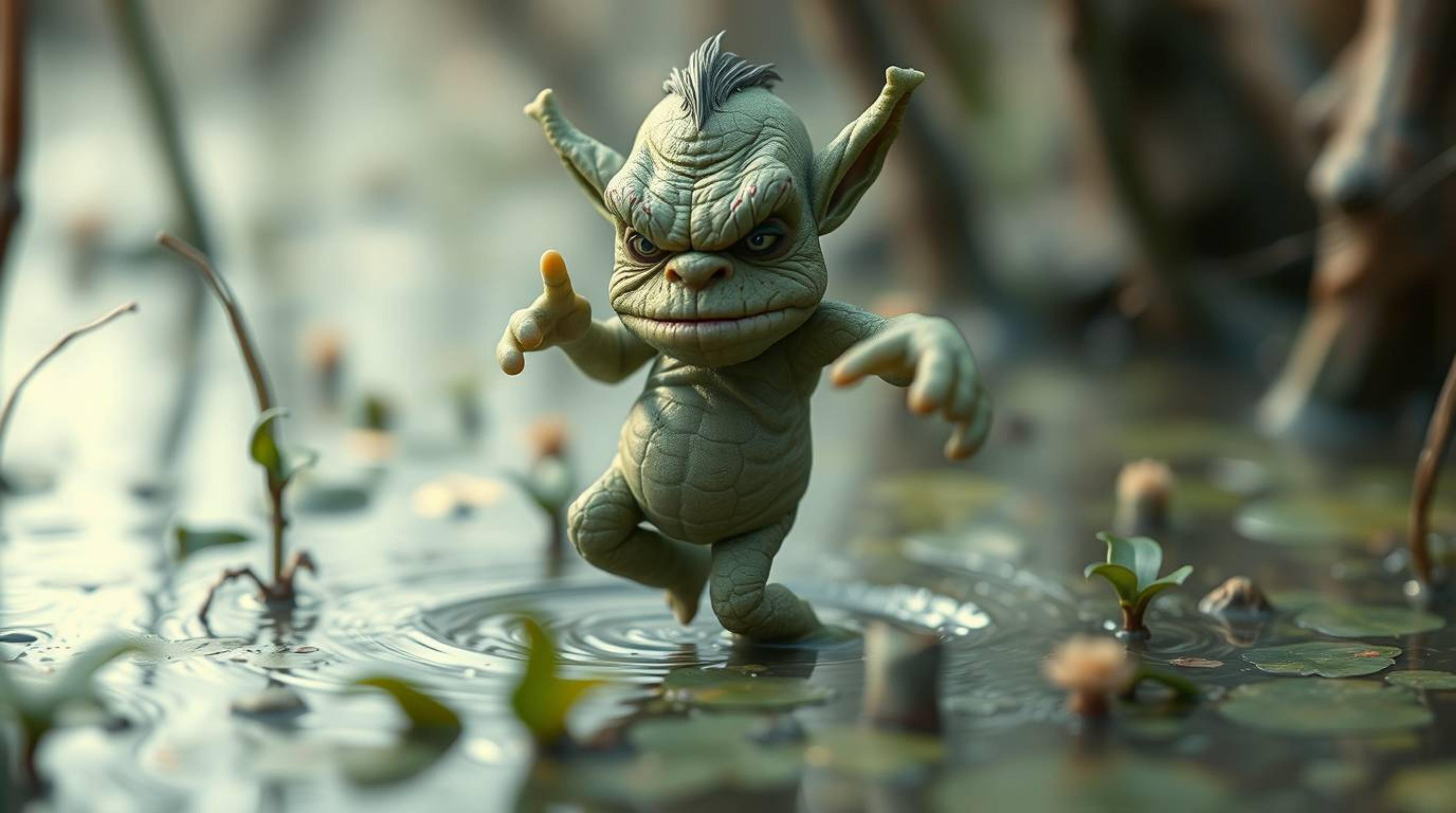 A captivating macro photograph depicts an ogre joyfully dancing in a swamp.  The image emphasizes minute details, showcasing 