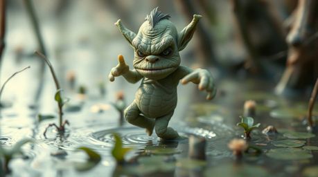 A captivating macro photograph depicts an ogre joyfully dancing in a swamp.  The image emphasizes minute details, showcasing 