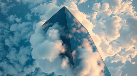 This stunning image captures a modern glass building that appears to dissolve into the sky, seamlessly integrating soft cloud