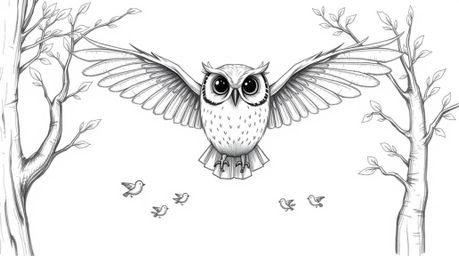 A charming Pixar-style hand-drawn sketch depicts a wise-looking blind owl gracefully gliding between leafy trees.  Its wings 