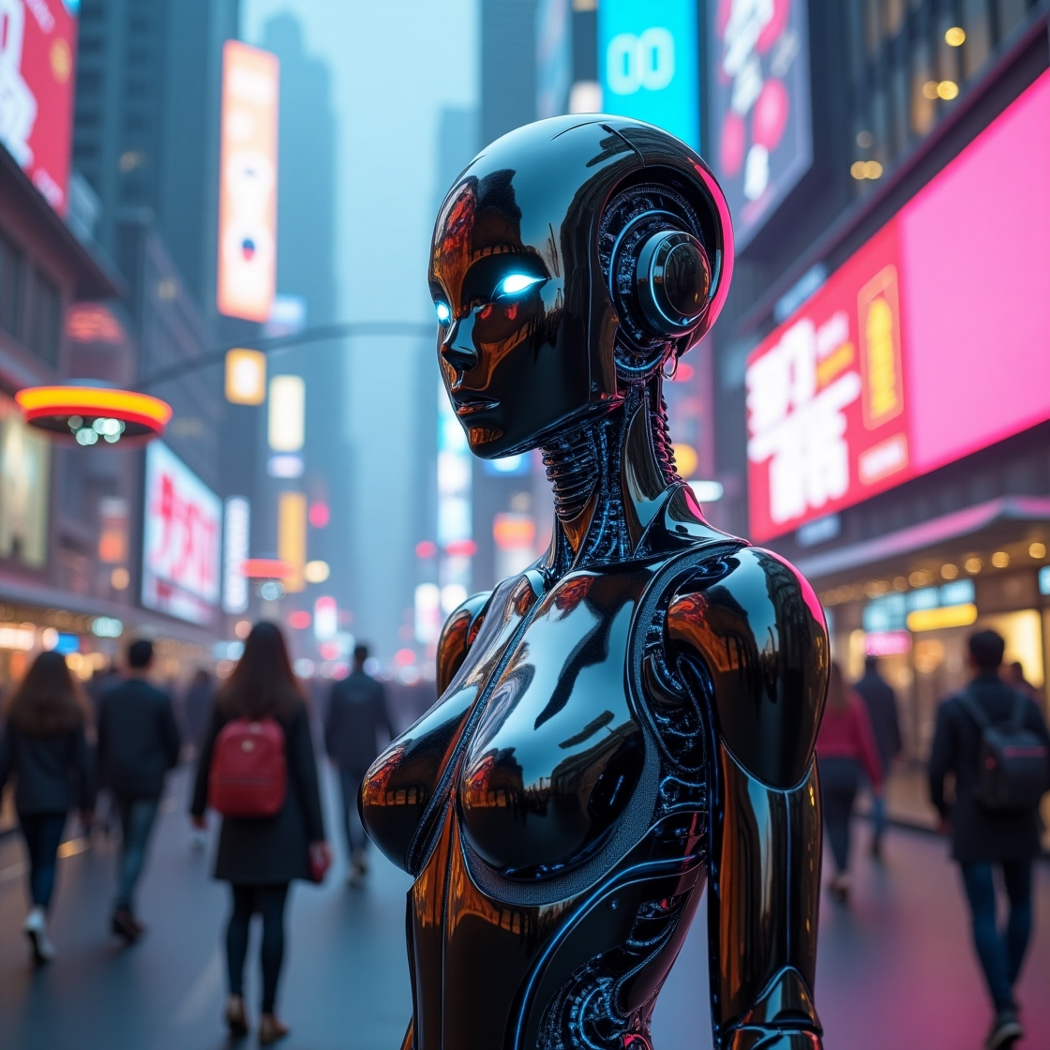 A sleek, chrome-plated humanoid robot stands tall in a futuristic cityscape, reflecting the vibrant neon lights and holograph