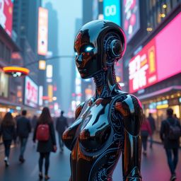 A sleek, chrome-plated humanoid robot stands tall in a futuristic cityscape, reflecting the vibrant neon lights and holograph