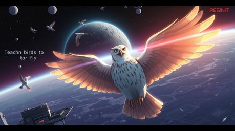 A futuristic sci-fi illustration portrays a blind owl, reminiscent of Pixar animation, in the act of teaching birds how to fl