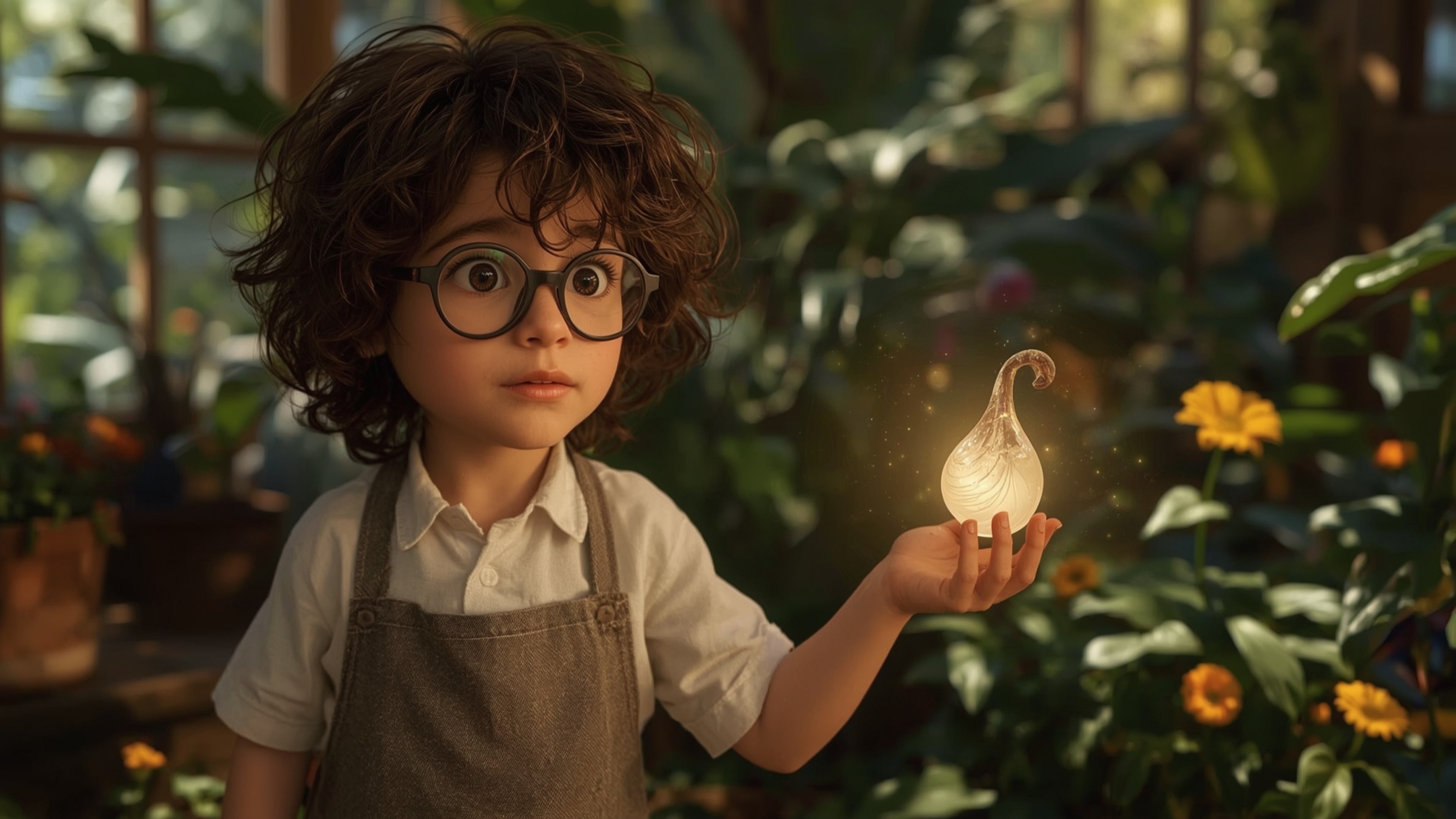A highly detailed, high-resolution stock photo captures a bright-eyed, bespectacled young homeschooler with curly brown hair 