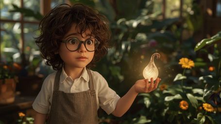 A highly detailed, high-resolution stock photo captures a bright-eyed, bespectacled young homeschooler with curly brown hair 
