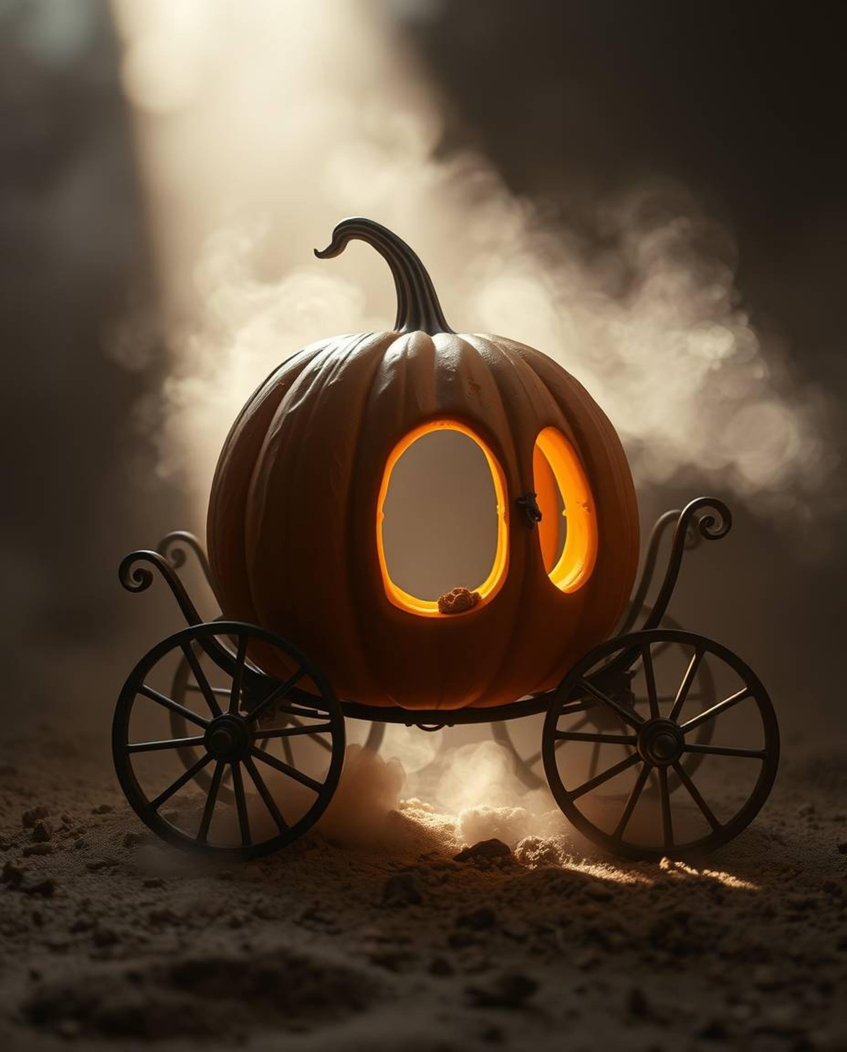 A magical pumpkin undergoes a stunning transformation into a carriage, brought to life with natural earth tones of browns and