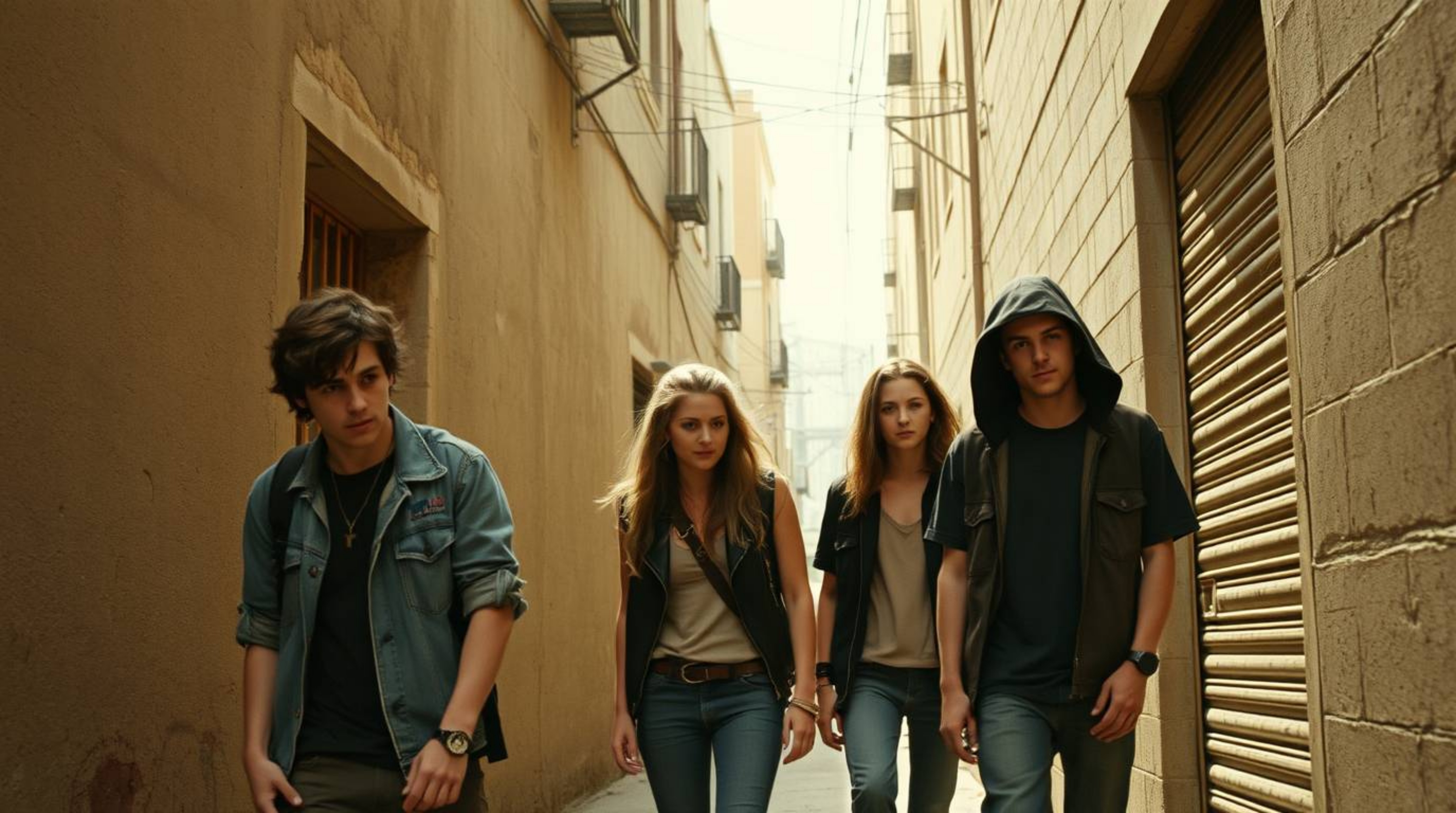 A dramatic, cinematic image capturing rebellious teens in a grungy city alley, rendered in natural earth tones. Browns, beige