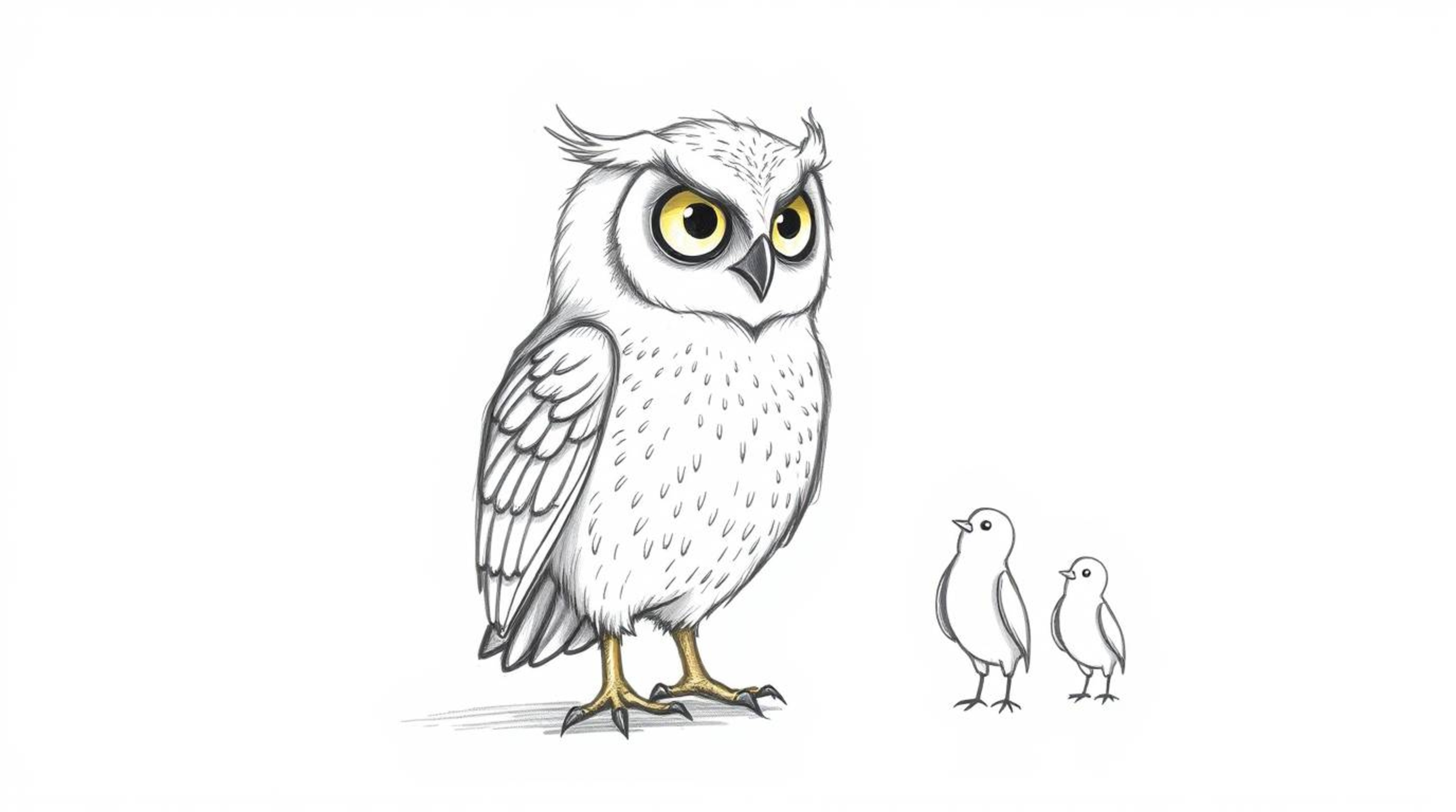 This charming Pixar-style hand-drawn sketch depicts a heartwarming scene of a blind owl with soft, downy feathers, some glowi