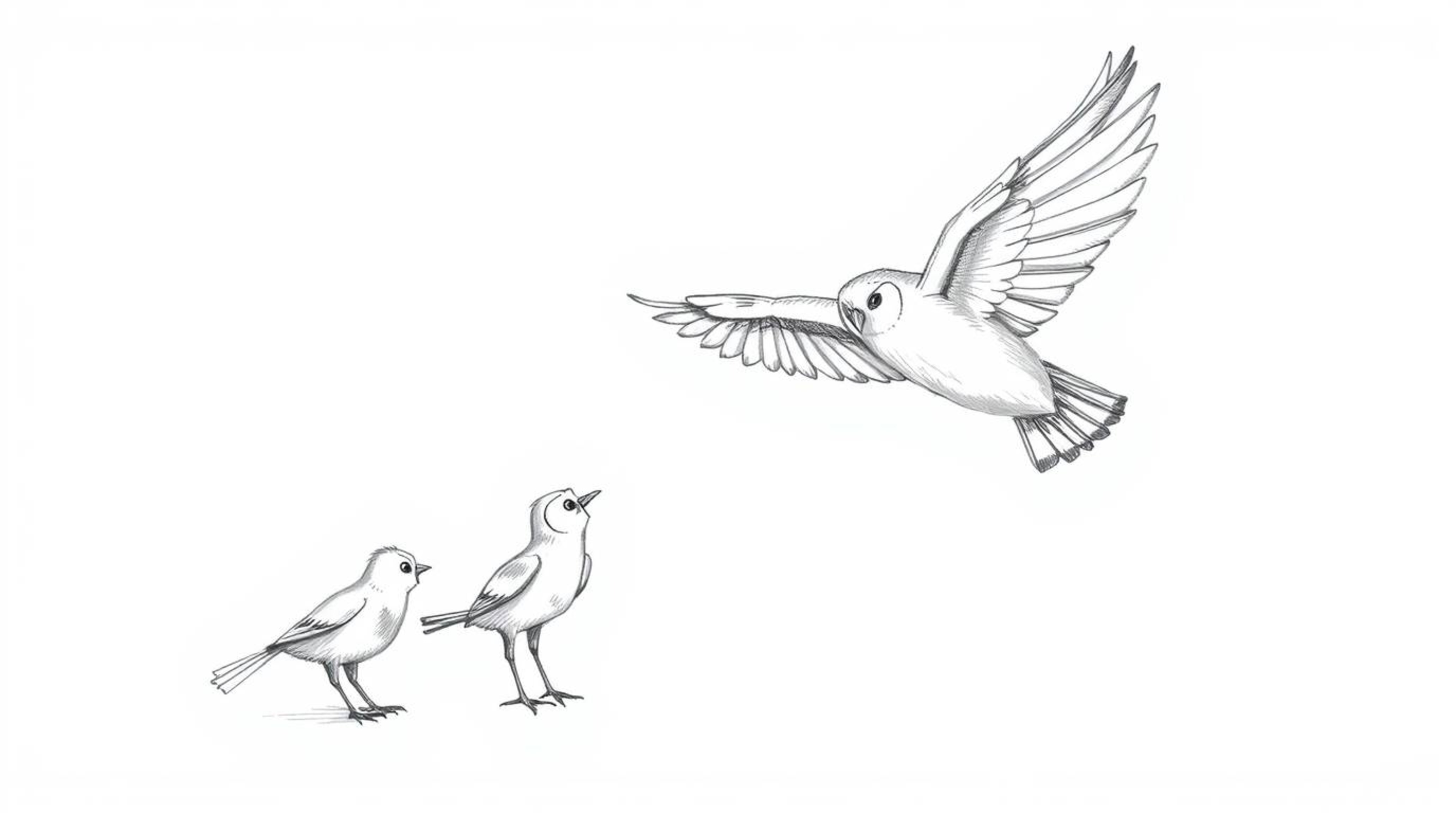 A hand-drawn sketch depicting a blind owl, rendered in Pixar style, teaching birds to fly. The image utilizes textured pencil
