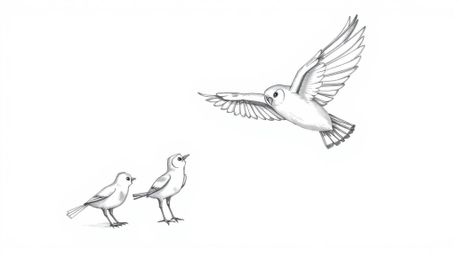 A hand-drawn sketch depicting a blind owl, rendered in Pixar style, teaching birds to fly. The image utilizes textured pencil