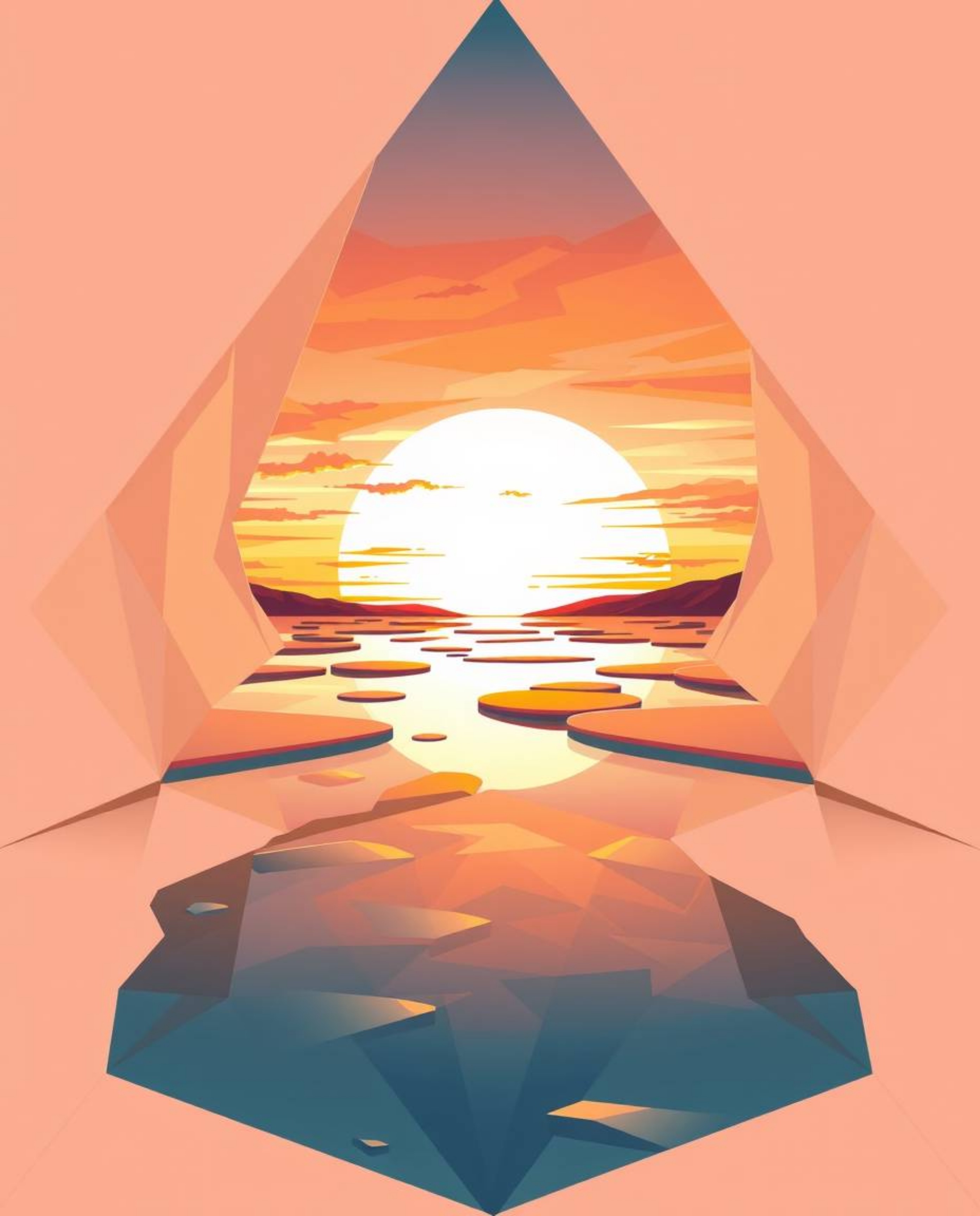 An intricate, origami-style illustration depicts a sunset sky mirrored in tidal pools on a beach. This piece is defined by it
