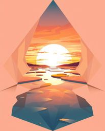An intricate, origami-style illustration depicts a sunset sky mirrored in tidal pools on a beach. This piece is defined by it
