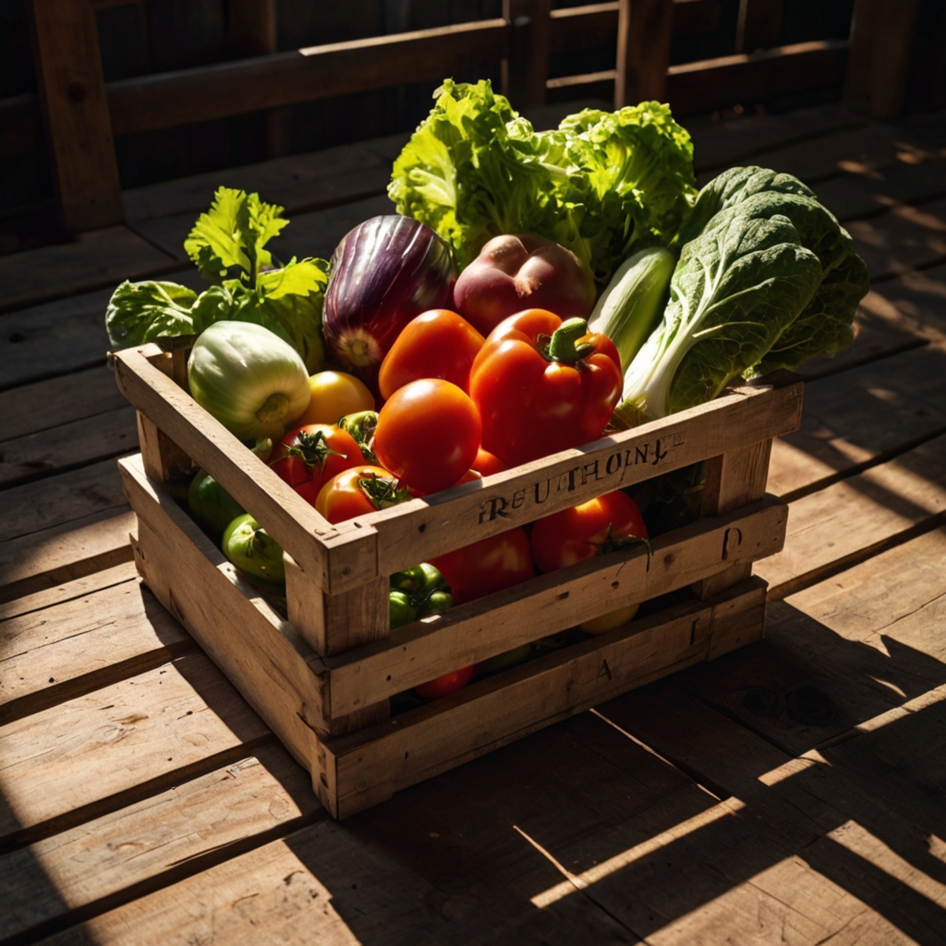 A charming rustic wooden crate overflowing with freshly picked vegetables, bathed in the warm glow of the sun. Long, dramati