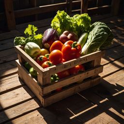 A charming rustic wooden crate overflowing with freshly picked vegetables, bathed in the warm glow of the sun. Long, dramati