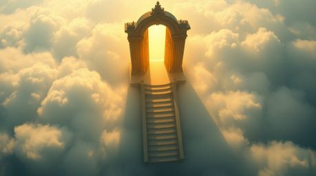 A breathtaking fantasy realism painting depicts a bird's-eye view of a heavenly gate floating above a sea of clouds.  Golden 