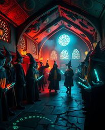 Explore a magical school brimming with young wizards, bathed in the ethereal glow of bioluminescent colors. The warm terracot