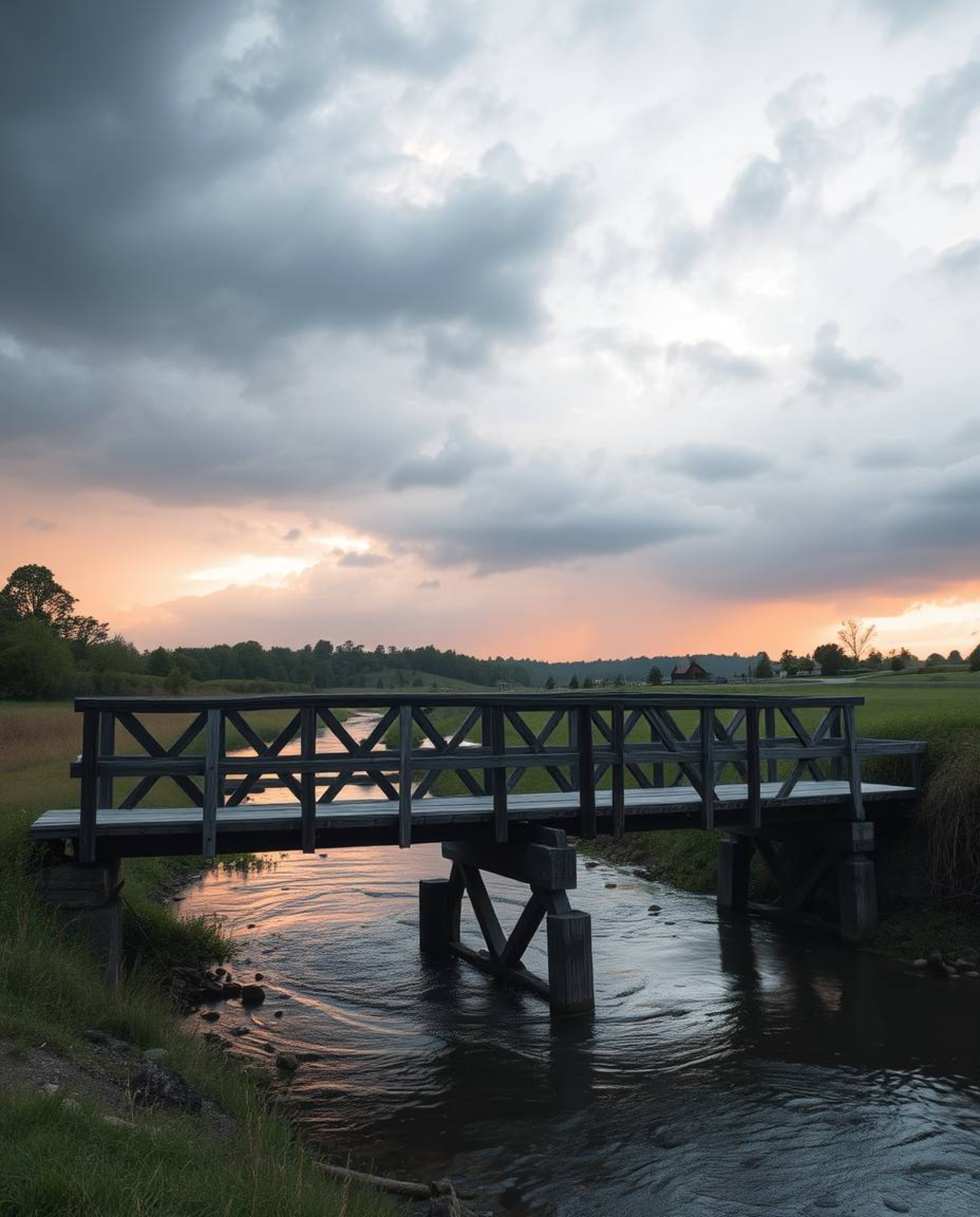 An old wooden bridge over a river at sunset is depicted using soft pastel colors, creating a gentle and soothing aesthetic. T