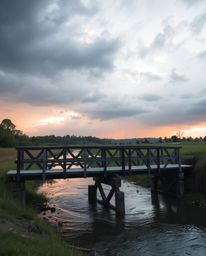 An old wooden bridge over a river at sunset is depicted using soft pastel colors, creating a gentle and soothing aesthetic. T
