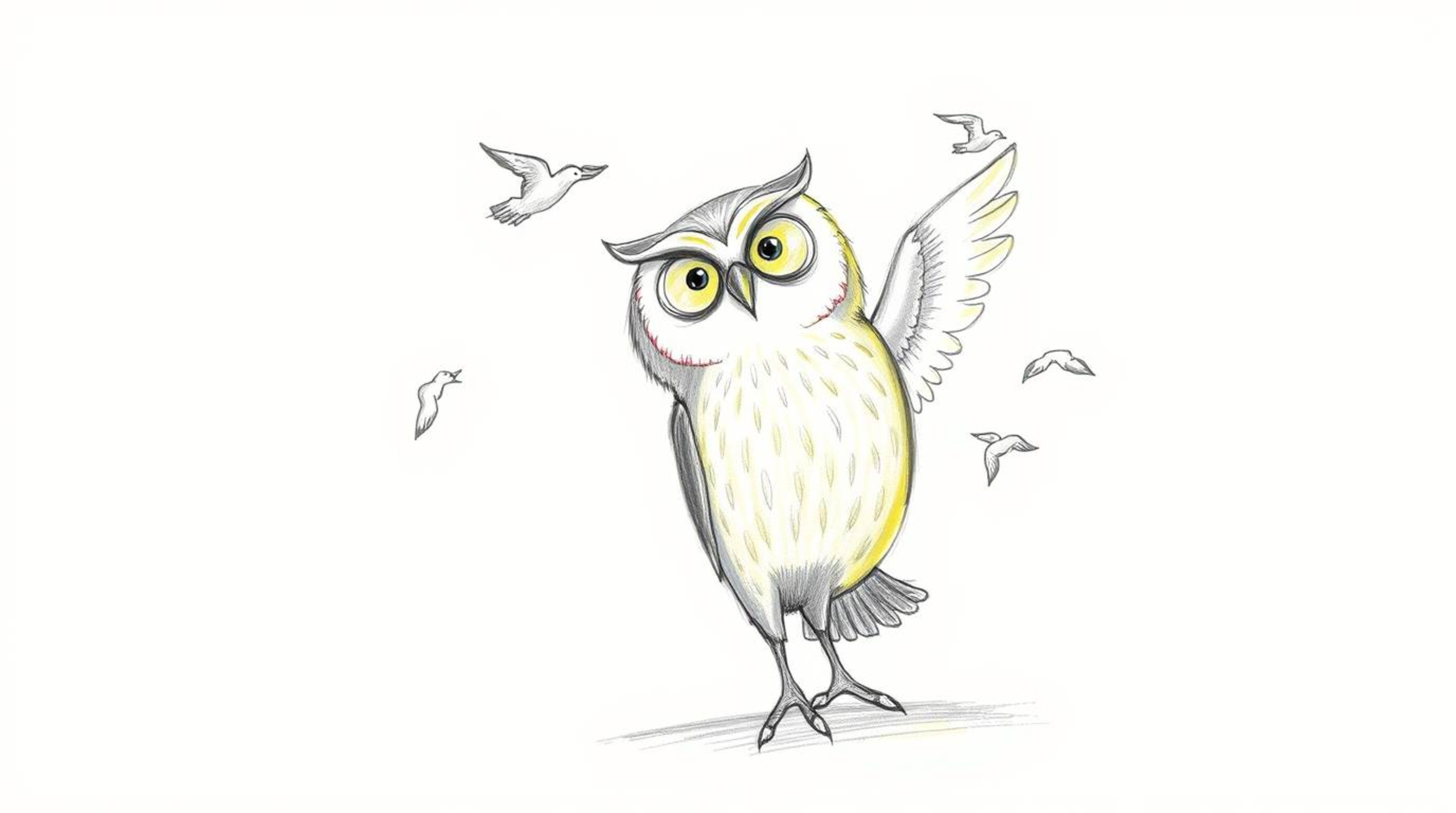 A whimsical, hand-drawn sketch in the style of Pixar portrays a blind owl with soft, textured pencil strokes, embodying the e