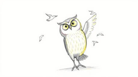 A whimsical, hand-drawn sketch in the style of Pixar portrays a blind owl with soft, textured pencil strokes, embodying the e