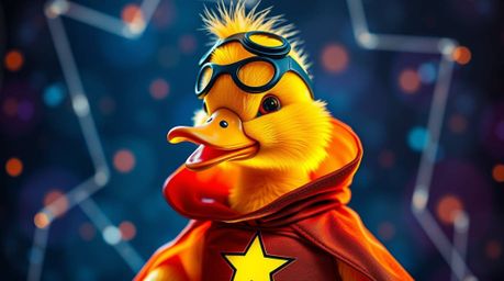 Explore a whimsical world where an adorable duck dons a zany superhero costume brought to life through creative light art. Fe