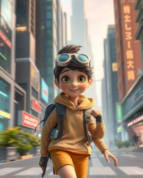 Explore the whimsical world of a young inventor girl residing in a vibrant, futuristic city. This image, rendered in a charmi